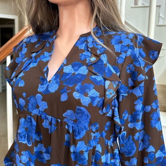 Adorable brown blue floral peasant midi dress - Picture 5 of 12